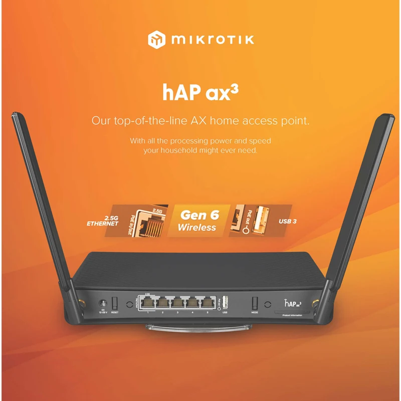 MikroTik C53UiG + 5HPaxD2HPaxD случва ax3 AX1800 Gigabit 802.11 AX WiFi 6 Безжична двойна лента рутер, Wi-Fi РОС 4x1 gbps Портове 1x2,5 Gbit/s