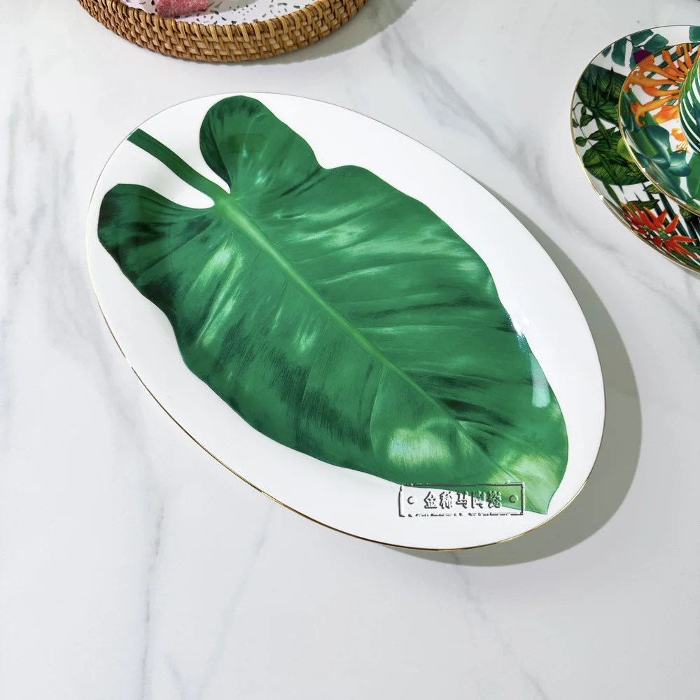 Европейската творческа рибно чиния, голяма парна рибно плоча, плоча за суши, зелен лист рибно чиния, подарък за нов дом