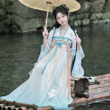 Женствена рокля Ханфу с цветна бродерия, китайски дрехи, танцови етап костюми на династията Тан, елегантен халат принцеса