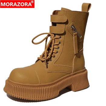 MORAZORA/Новост 2023 г.; Обувки на платформа с тесен каишка от естествена кожа ; Ботильоны с кръгла пръсти; Модерен Зимни Ботуши На Средно Квадратен ток