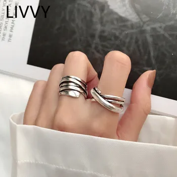 LIVVY Сребърни пръстени с кръст за жени, двойки, реколта многослойни плетени модни аксесоари за партита в стил ретро подаръци