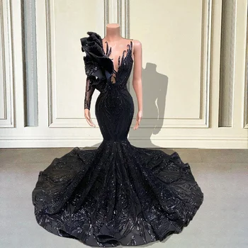Рокли за бала с дълбоко V-образно деколте в стил русалка с черни пайети 2023, вечерна рокля с волани по едно рамо, дълъг ръкав, официални рокли с мъниста, вечерни рокли