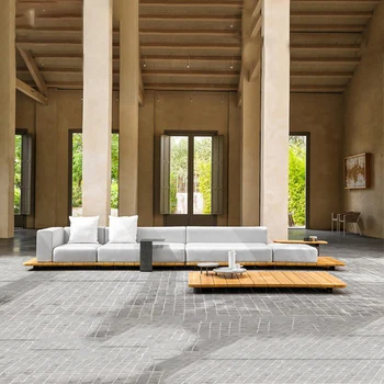 Скандинавски уличен диван от масивно дърво, комбинирана плат, декорация за двор, тераса за хотели, вили, мебели от тиково дърво