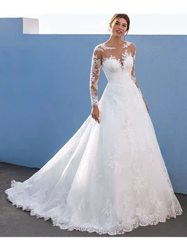 Елегантна сватбена рокля с дълги кружевными ръкав и кръгло деколте, лейси апликация, сватбена бална рокля от тюл с влак, Robe De Mariée
