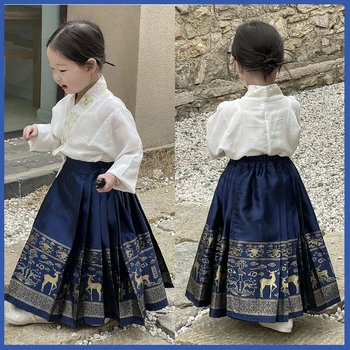 2023 НОВО лятно китайското рокля Hanfu за момичета, традиционна пола с бродерия под формата на конете лице за детски принцеса
