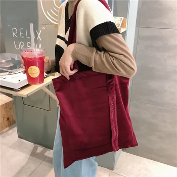 Червено кадифе холщовая чанта с бродирани букви, холщовая чанта-тоут ins, ретро-шик чанта за пазаруване с бродерия и панделка