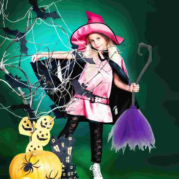Украса за Хелоуин, аксесоари за вещици, подпори, лилаво мрежест костюм, украса за дома, метла