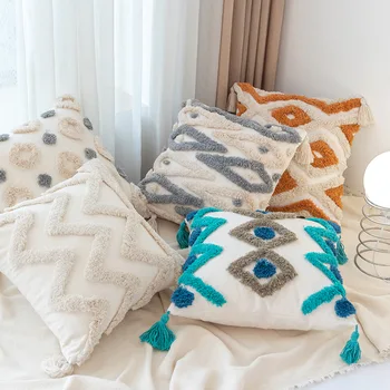 Калъфи за възглавници, различни видове с геометричен дизайн в стил бохо, декоративни калъфи за възглавници, ръчно изработени от futon платна с пискюли, калъфи за мека мебел