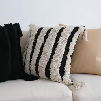 Калъф за възглавници от памук и лен с пискюли в стил бохо, бежово, черно, с флокированной бродерия, калъфки за декоративни възглавници