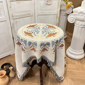 Геометрична памучен бельо лейси покривка Моранди, покривка за чай на масата, кръгла покривка