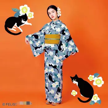Японското Кимоно Юката За Момичета Подобряване на Кимоно За Пътуване Снимка В стил Котки Полиестерен плат Лесно Колебае Добра покривка Не избледнява