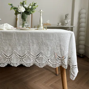 Френска бяла лейси цветна бродерия, памук, 100% покривката, луксозно покритие за маса, украса на сватбени партита, покривката