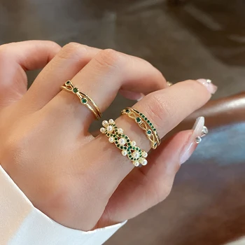 DREJEW Винтажное изглед към неправилен сърдечен отворен пръстен с обрат Нежна перлена кръгъл пръстен за момичета Модни кристали двухслойное пръстен Бижута