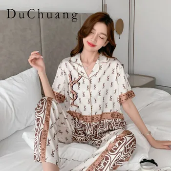 [Дамски пижами] [високо качество] 2023, Пролет-есен Нова Пижамный комплект от ледената коприна, двойка, Корейски Модерен Жилетка с къс ръкав