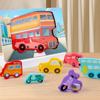 Детски дървени играчки 3D пъзел Монтесори забавни играчки за деца на 2, 3, 4 години, информационни пъзел, мультяшное животно, превозно средство, пъзел игра