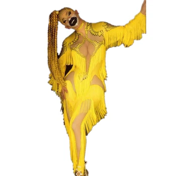 Жълти пикантни тела с дълги ръкави и пискюли, дамски празнична облекло за рейва, костюми за изява в клуб, дрехи травестит