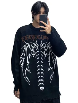 Y2K Тъмно готическата буква жаккардовый свободен пуловер в голям размер, Мъжки градинска дрехи Дамски двойка хип-хоп американски моден трикотаж
