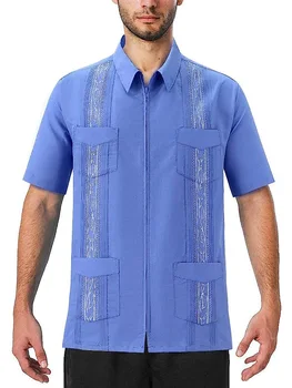Мъжки кубински ризи Guayabera с къс ръкав, с цип отпред, мексико, хавайска риза с джоб
