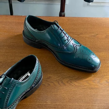 Пролет и лято, нов стил, синьо-зелена резбовани официалната обувки дантела, от телешка кожа, върху голям ниски токчета, универсална мъжки обувки