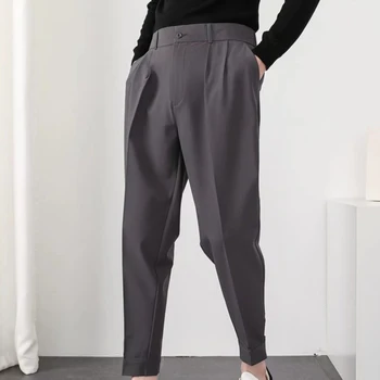 Модерен мъжки ежедневни панталони с еластична талия, малки крачета, тънък корейски стил, плиссированный зауженный мъжки сако, панталони, градинска облекло, панталони