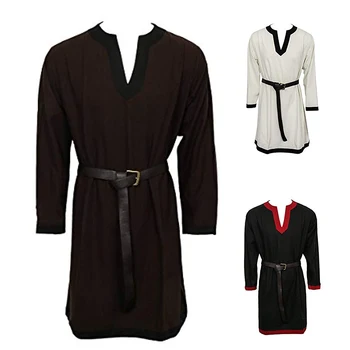 Средновековна черно-кафява и бяла риза-туника за мъже, нов костюм викинга, дълъг топ, дамски дрехи, древни римски гърците, дрехи за възрастни от изкуствена кожа с колан