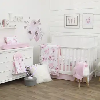Dreamer Акварел цветен комплект спално бельо за легло от 8 теми, розово, сиво, розово, бебешко за момичета