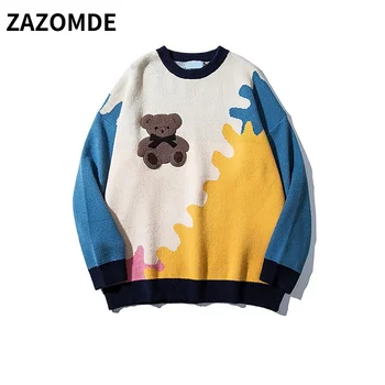 ZAZOMDE Ретро мъжки пуловер пуловер, вязаный модерен корейски есенно-зимния топло свободен ден за ден модерен пуловер в стил мозайка, модерен топ