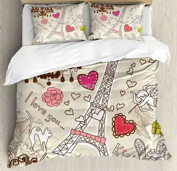 Набор от пододеяльников за пуховых одеяла в Париж, драскат, илюстрация на Айфеловата кула, сърца, полилей, цветни, теми за любов, Реколта декоративна легло от 3 теми