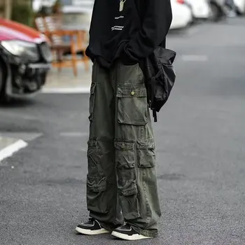 Мъжки панталони-карго с множество джобове 2023, есента ретро монофонични гащеризон в стил хип-хоп, провиснал на ежедневните панталони за почистване на улиците