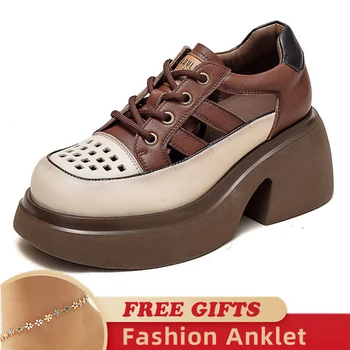 Модни дамски сандали дантела от естествена кожа в ретро стил на дебела подметка, новост 2023 г., лятна дамски обувки на дебелите обувки с кръгло бомбе и изрези