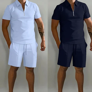 Мъжка риза с къси ръкави + шорти, спортни дрехи, модерен мъжки обикновен летен спортен костюм джоб с къс ръкав, комплект от две части, ежедневни градинска облекло