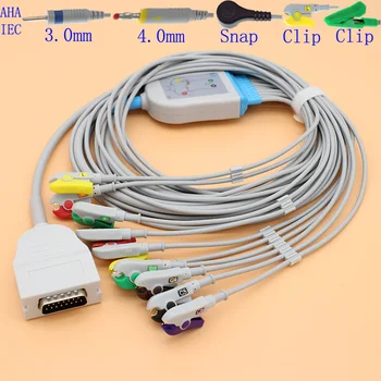 Выводной кабел DB 15Pin ECG ЕКГ 10 и проводник за електрод за Brudick EK10-E530, AHA/IEC, 3,0 Din / 4,0 с банан край/модула/скоба/Vet клип