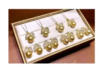 Прекрасна АААА 10-11 мм КРЪГЛА Златна перла с висулка на Южното море и обеци 925s1pc