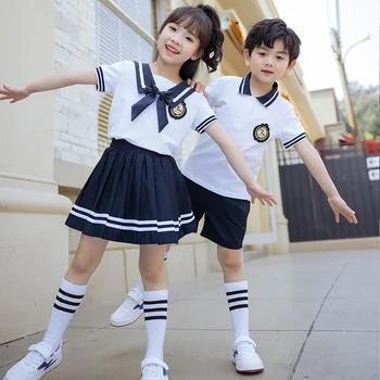 Тъмно синя пола за начално училище, комплект училищни униформи ученик, лятна форма за деца в английски стил, снимка на бала,
