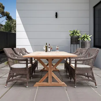 Модерен ротанговый маса и стол за почивка на открито, тераса за вила, градина, водоустойчив слънцезащитен крем, прости маса, мебели от тиково дърво