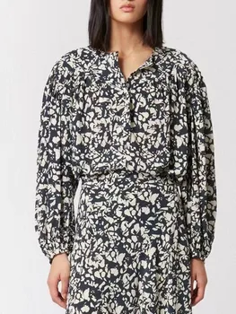 100% Коприна дамска блуза с дълъг ръкав, риза с геометричен модел и бутони, реколта елегантна пролетна риза 2023 година за една дама