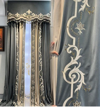 Обичай завеса висококачествена луксозна френска стая реколта сива бродерия кадифе плат гъста завеса тюлевый престилката покривка C1451