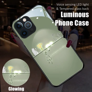Отношение Сладък Котка Led Светлинен Люминесцентный Калъф за Телефон от Закалено Стъкло за iPhone 11 12 13 14 X Xr Xs Mini Pro Max Plus